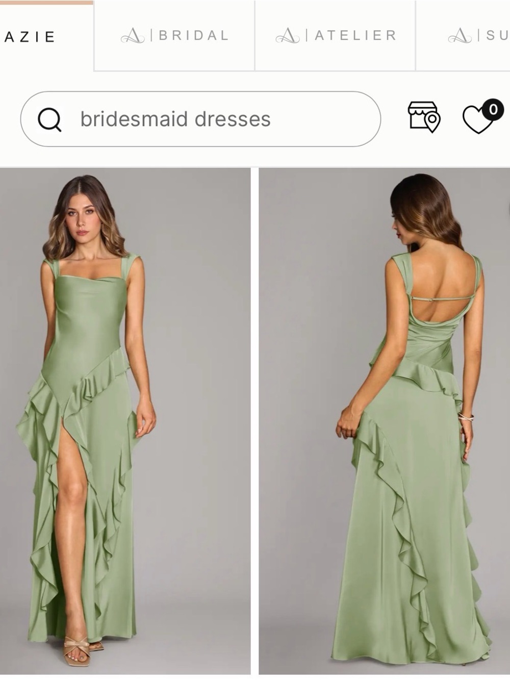 Azazie Sage Green Backless Ruffle-Trim Evening Gown